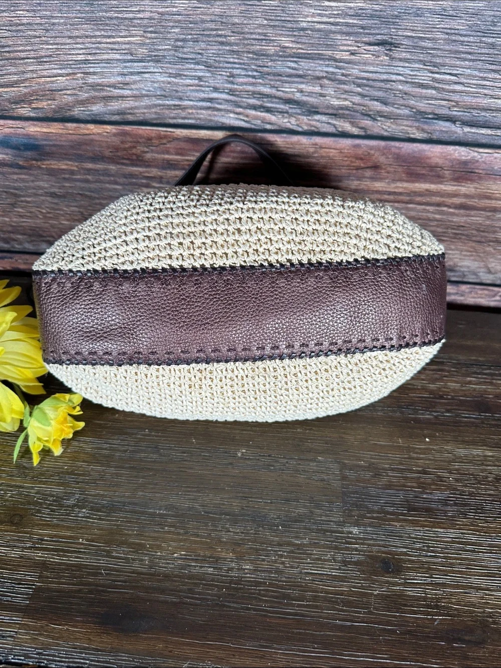 Brighton woven raffia straw shoulder bag features brown leather trim